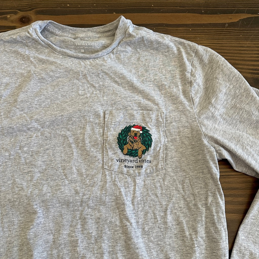 Vineyard Vines Gray LS Christmas Dog Tee M Holiday Shirt Golden Retriever